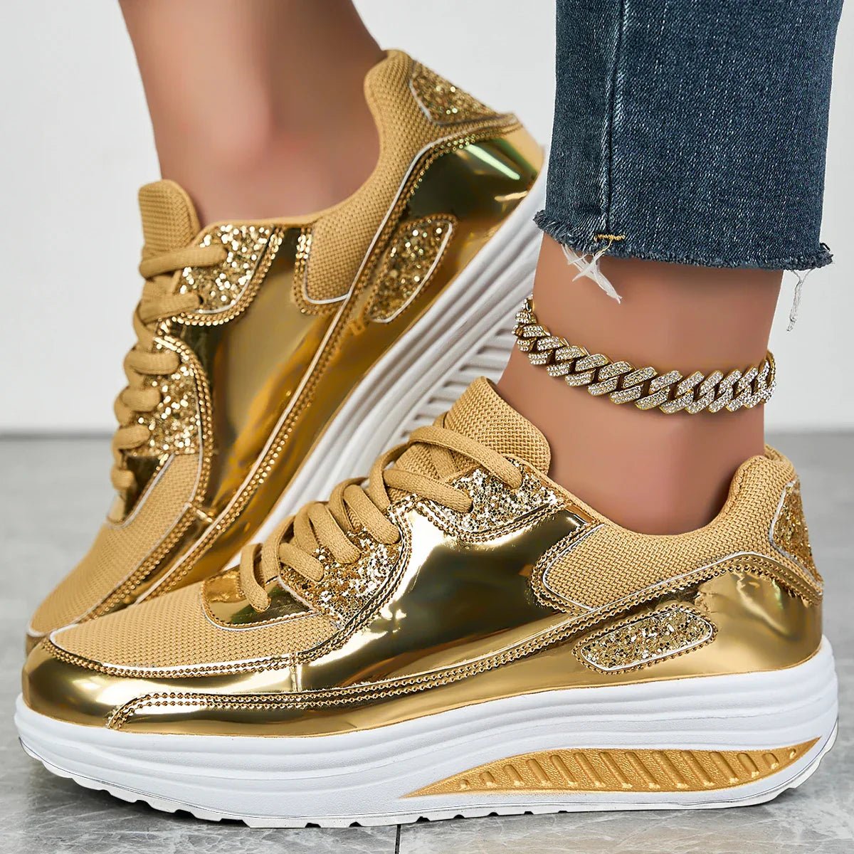 Women's Chunky Platform Wedge Lace-Up Trainers - Yellow