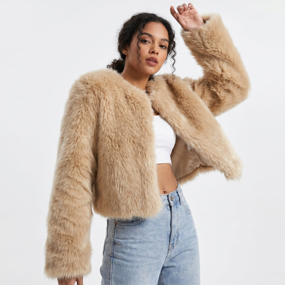 Women's Cropped Faux Fur Jacket - Pale Curry