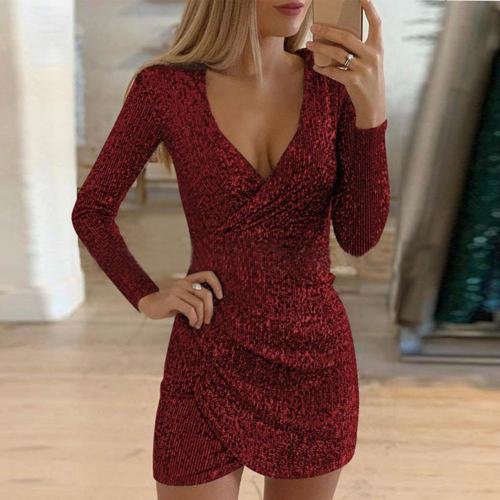 Women's Black Sequin Wrap Bodycon Mini Party Dress - Red