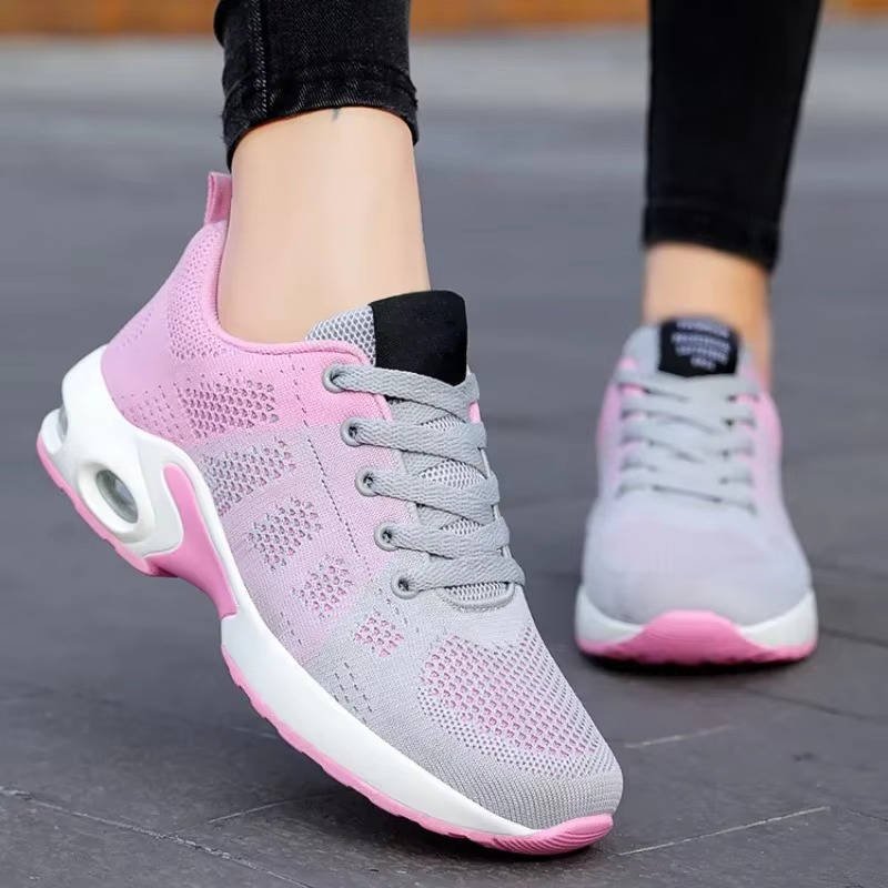 Women's Air Cushion Knit Lace-Up Platform Trainers - Pink