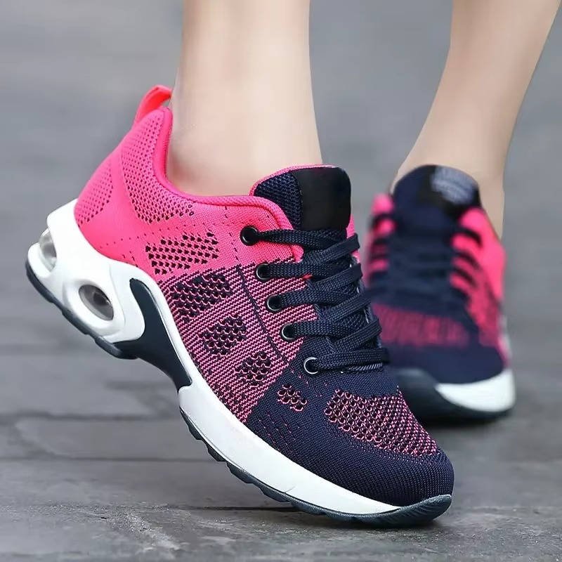 Women's Air Cushion Knit Lace-Up Platform Trainers - Rose Red