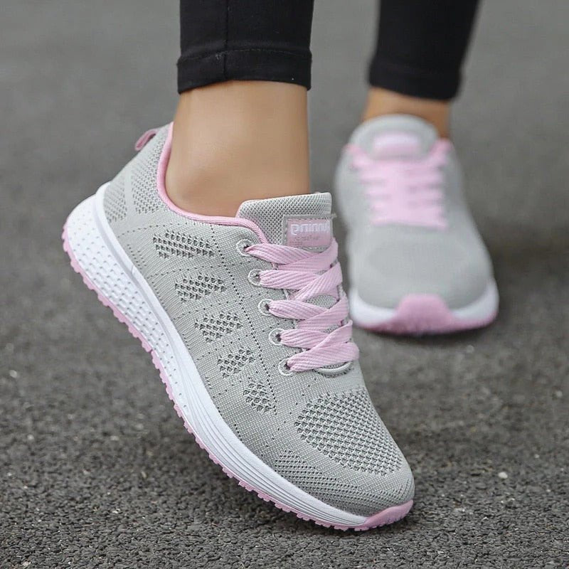 Women's Knit Running Lace-Up Trainers - Gray-pink