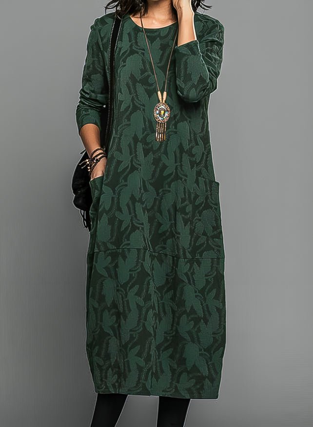 Women's Floral Long Sleeve Midi Dress - Green