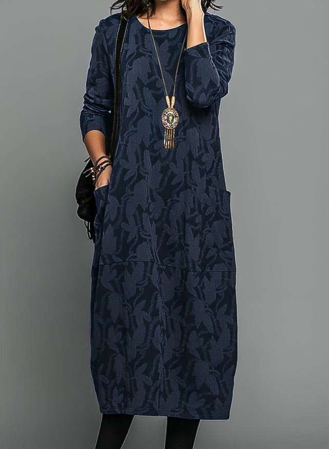 Women's Floral Long Sleeve Midi Dress - Blue