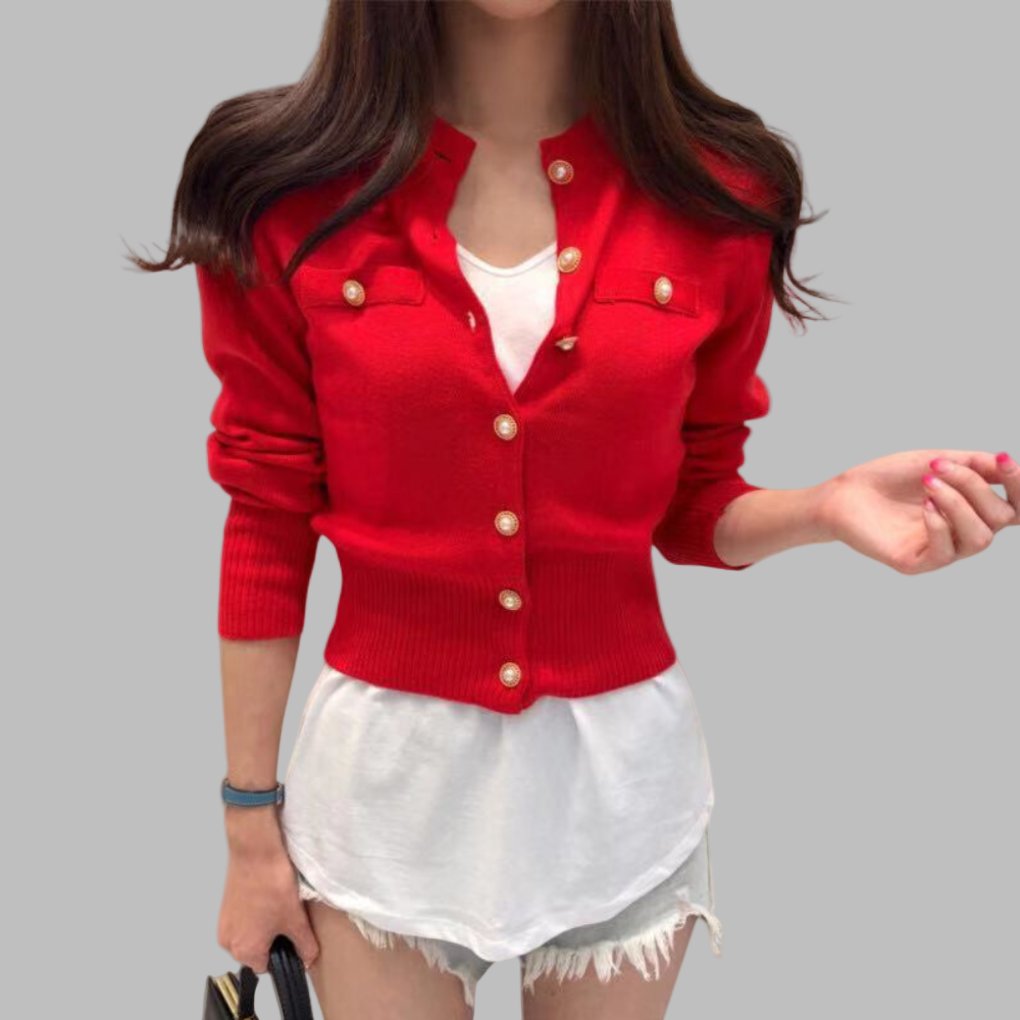 Women's Cropped Knit Ribbed Cardigan - Red