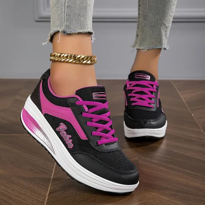 Women's Platform Wedge Lace-Up Leather Trainers - Black/Purple