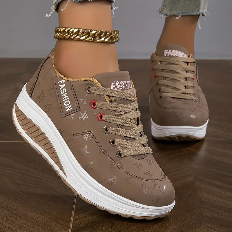 Women's Platform Wedge Lace-Up Leather Trainers