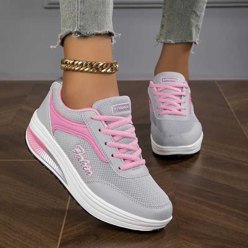 Women's Platform Wedge Lace-Up Leather Trainers - Grey/Pink