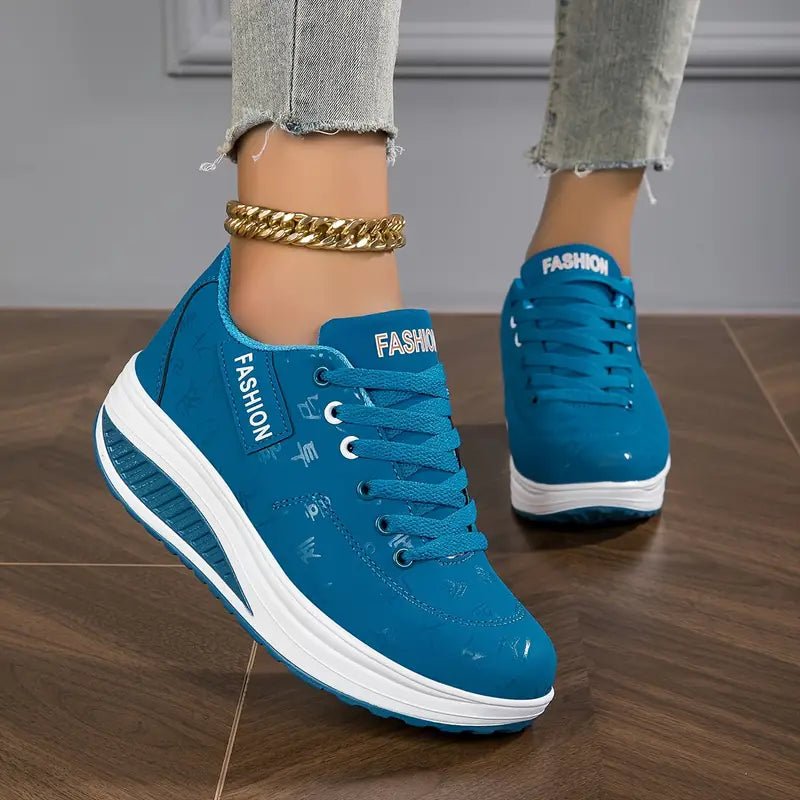 Women's Platform Wedge Lace-Up Leather Trainers - Blue