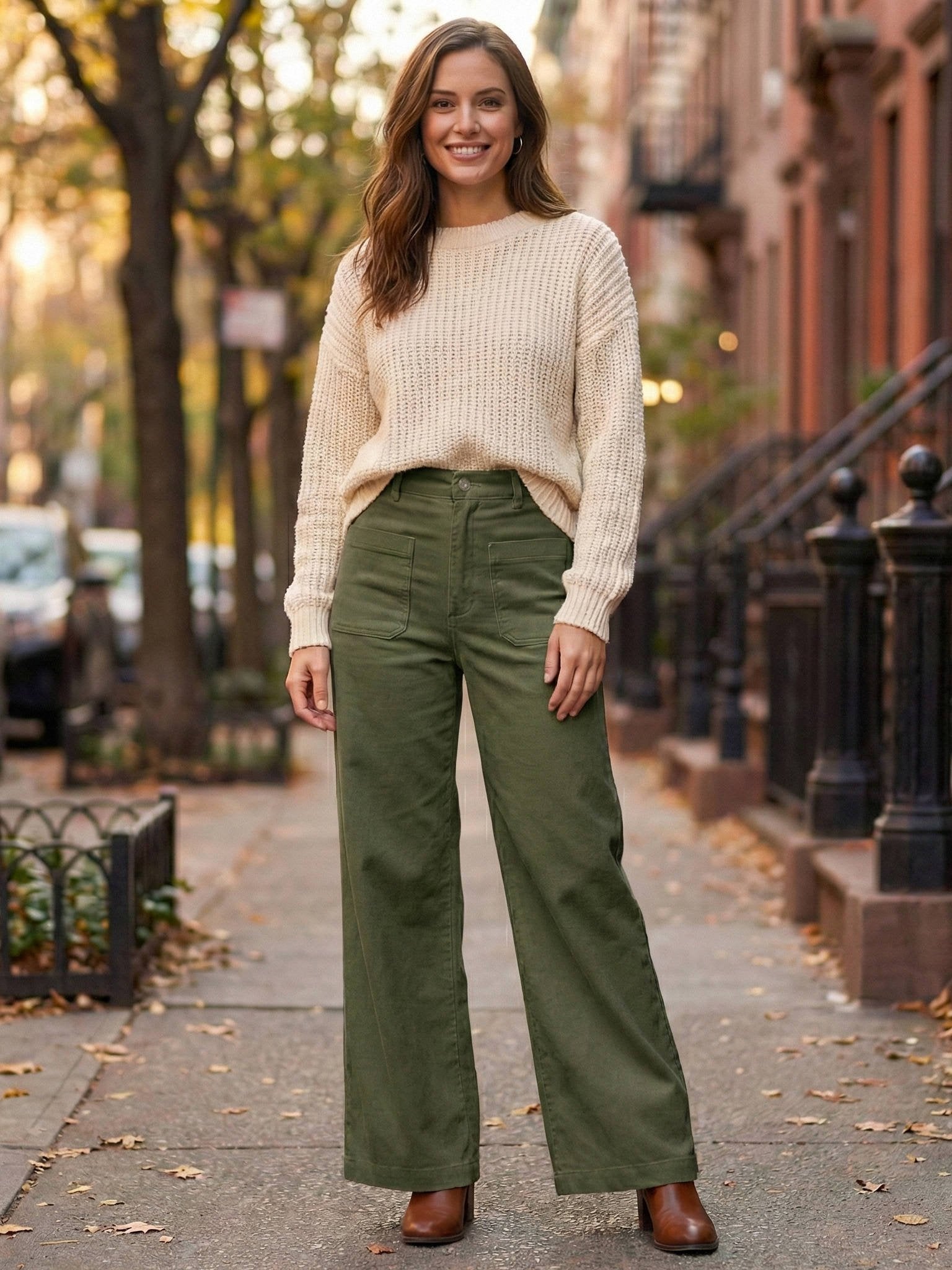 Women's High-Waisted Corduroy Wide-Leg Trousers - Army Green