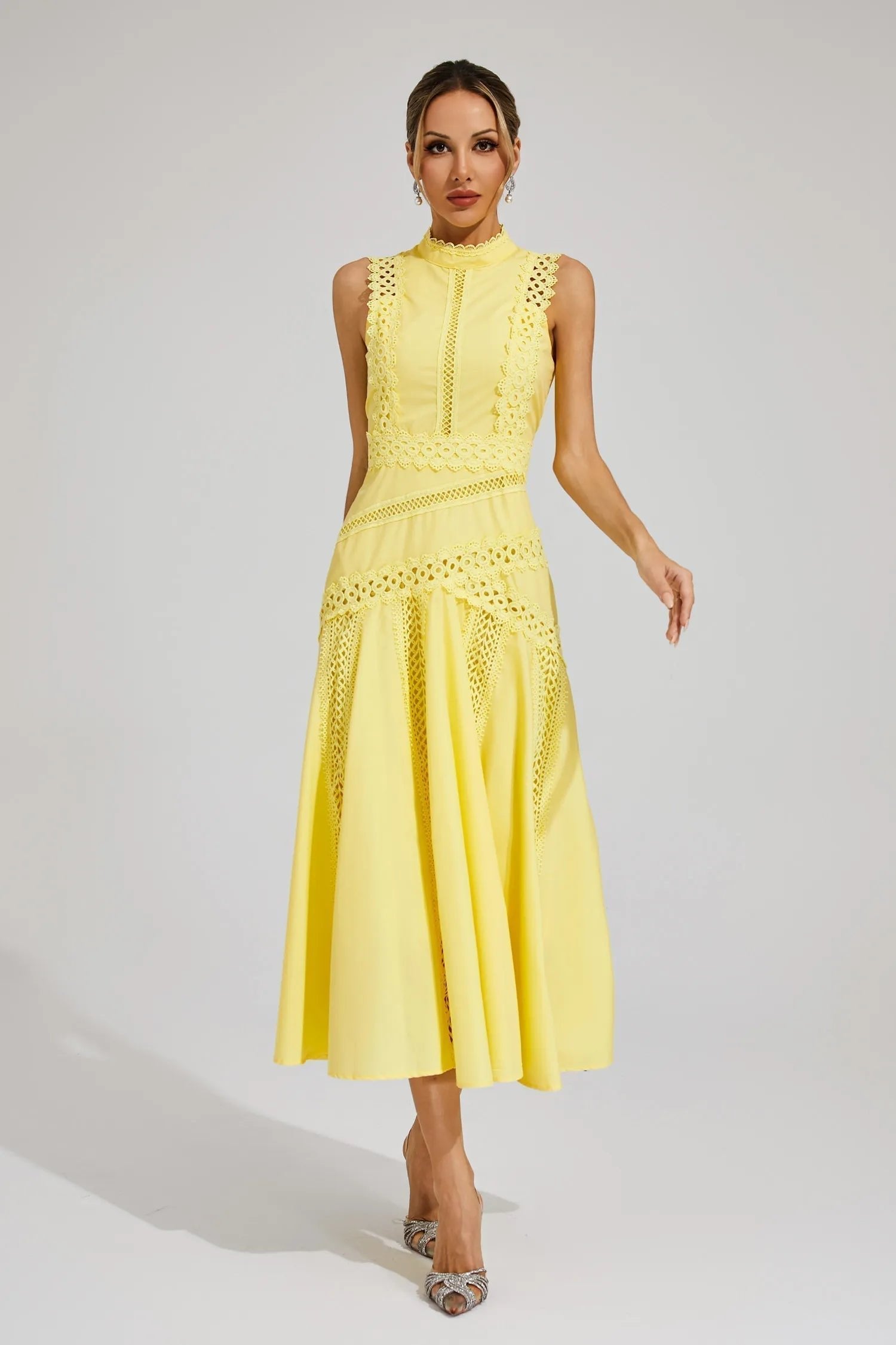 Women's Lace Midi Party Dress - Yellow