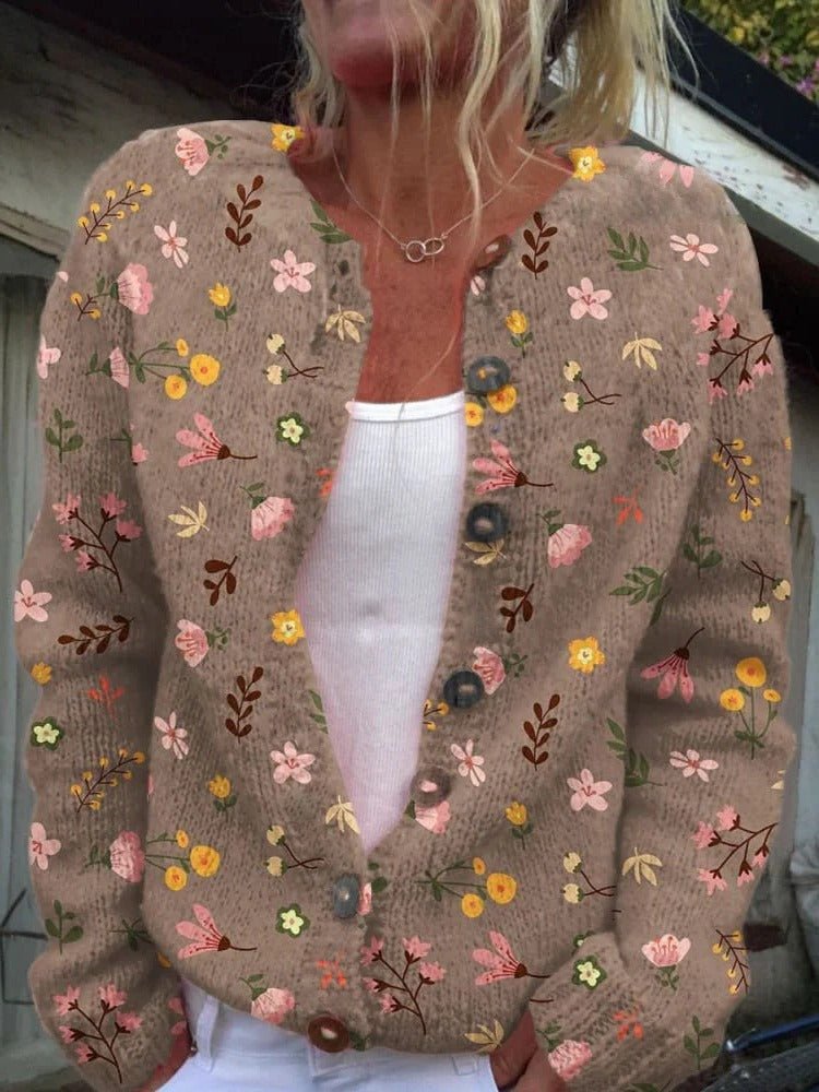 Women's Chunky Floral Knit Cardigan - Brown