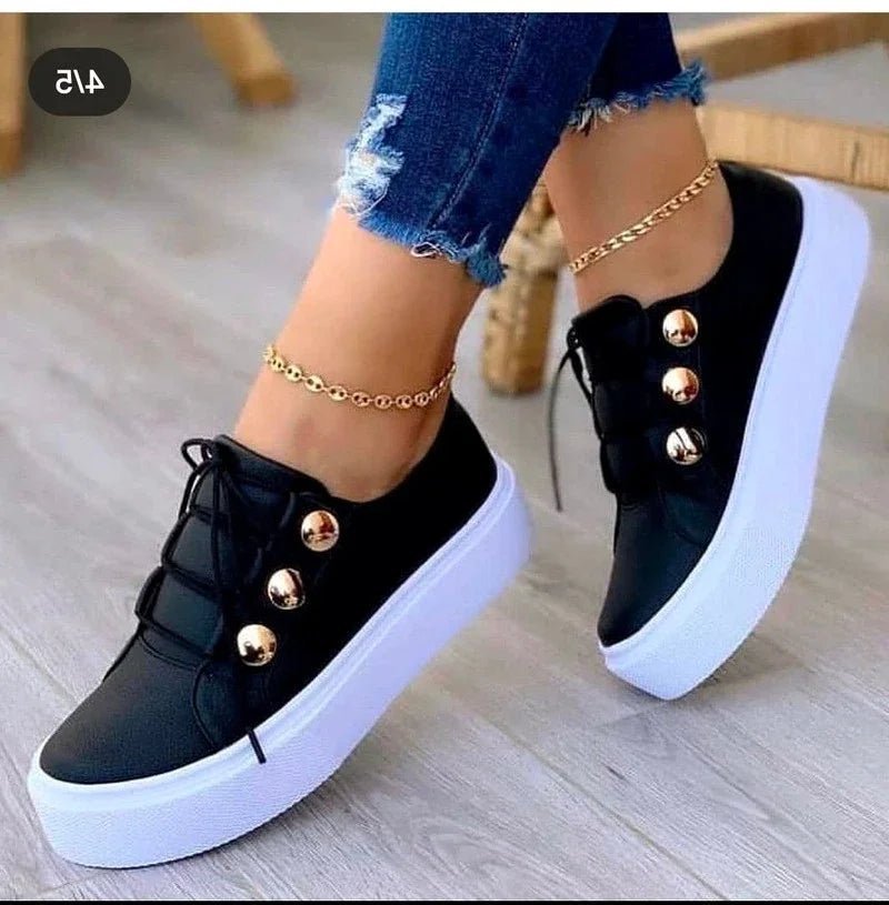 Women's Faux Leather Platform Lace-Up Trainers - Black