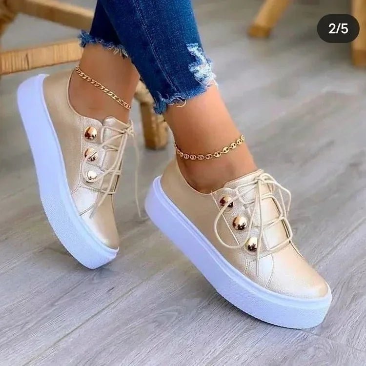 Women's Faux Leather Platform Lace-Up Trainers - Gold