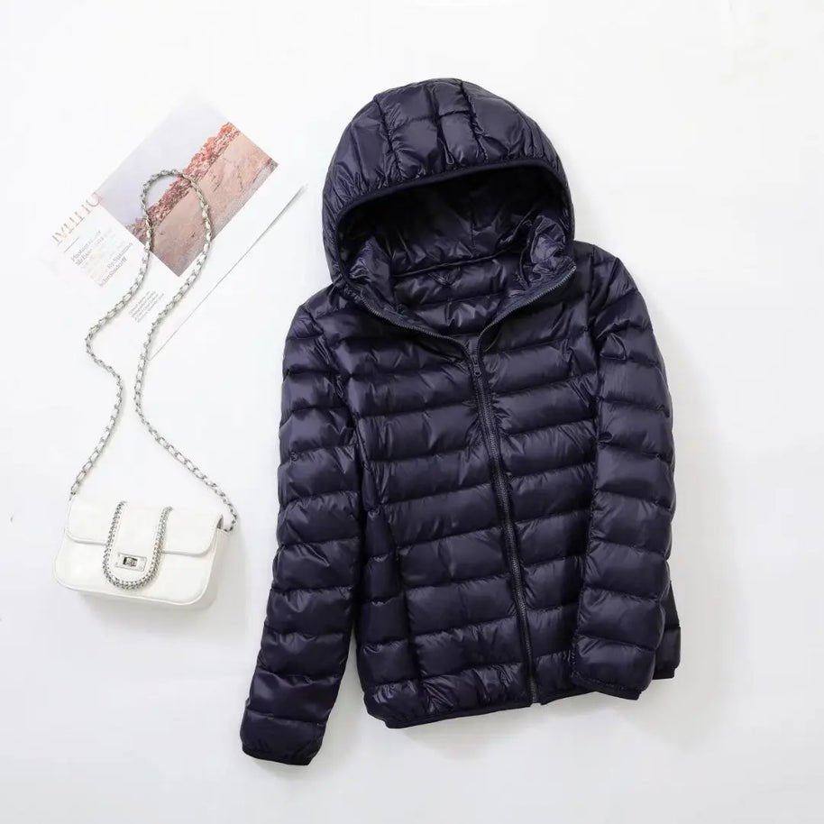 Women's Hooded Packable Puffer Jacket - Navy Blue