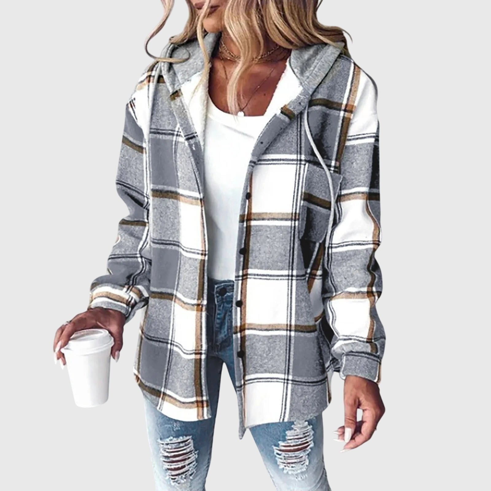 Women's Plaid Hooded Shacket - Grey