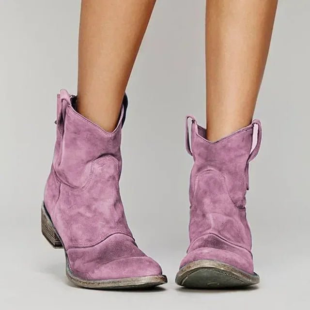 Women's Suede Western Cowboy Ankle Boots - Pink