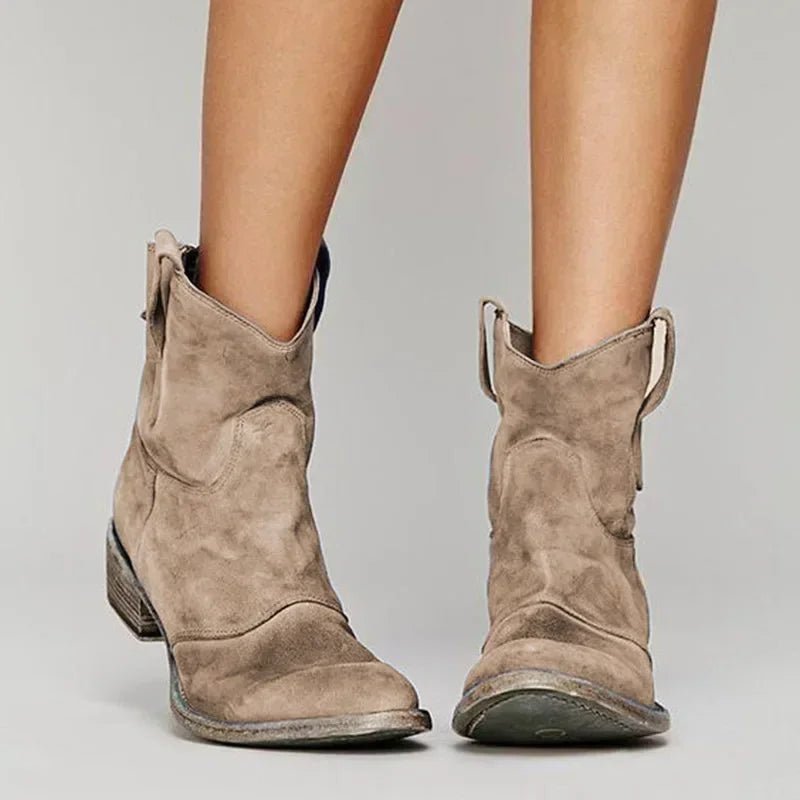 Women's Suede Western Cowboy Ankle Boots - Brown