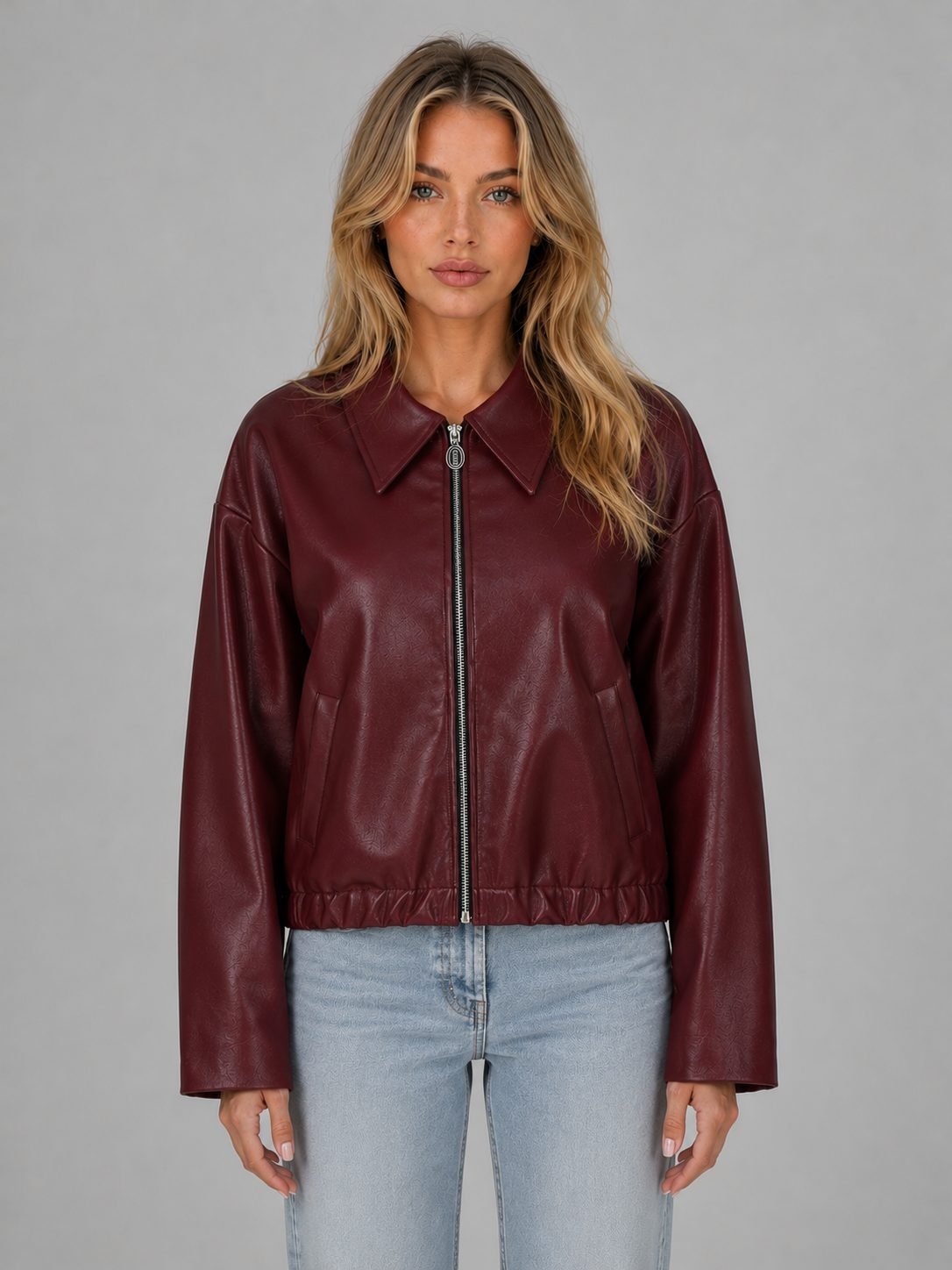 Women's Cropped Faux Leather Bomber Jacket - Burgundy