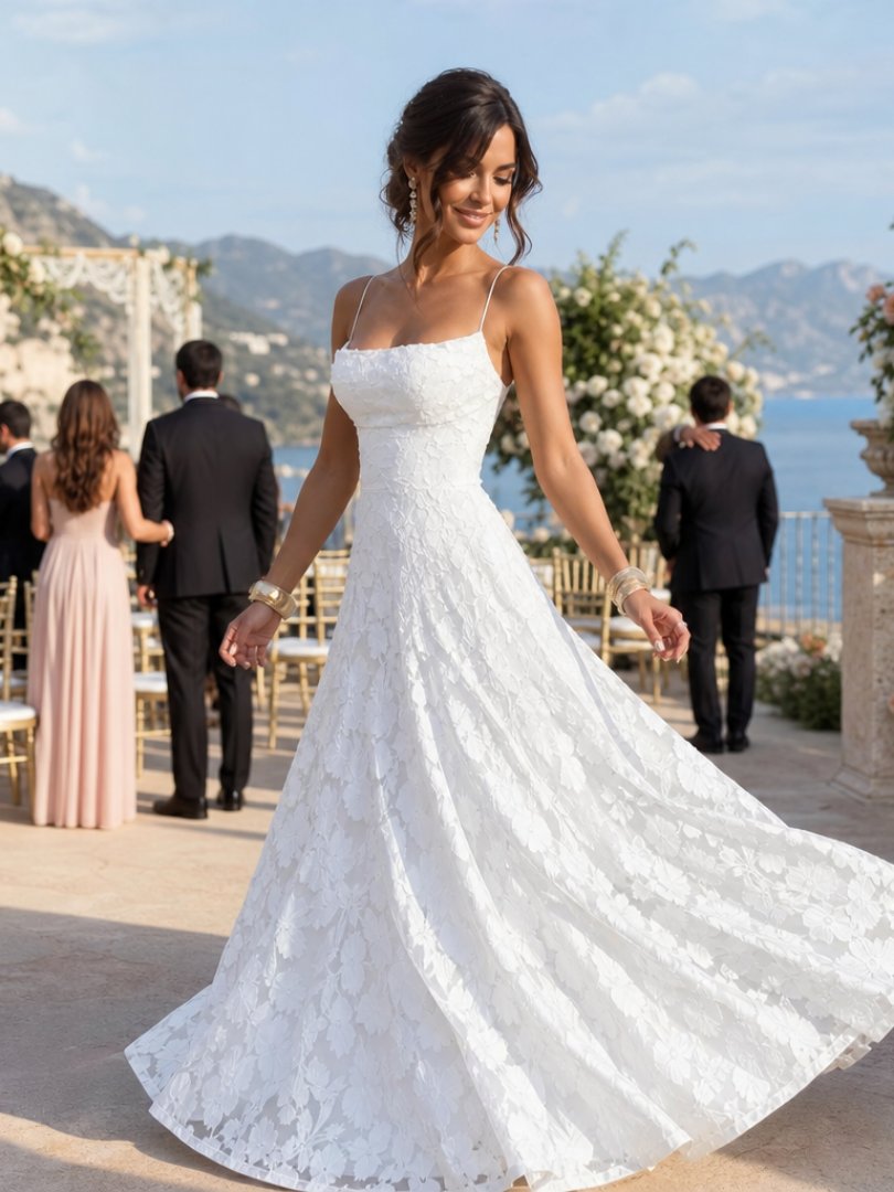 Women's Floral Evening Lace Party Gown - White