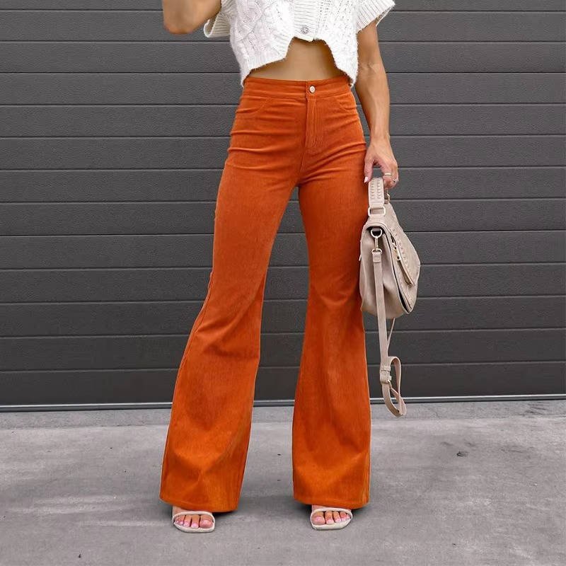 Women's High-Waisted Corduroy Flare Trousers - Orange