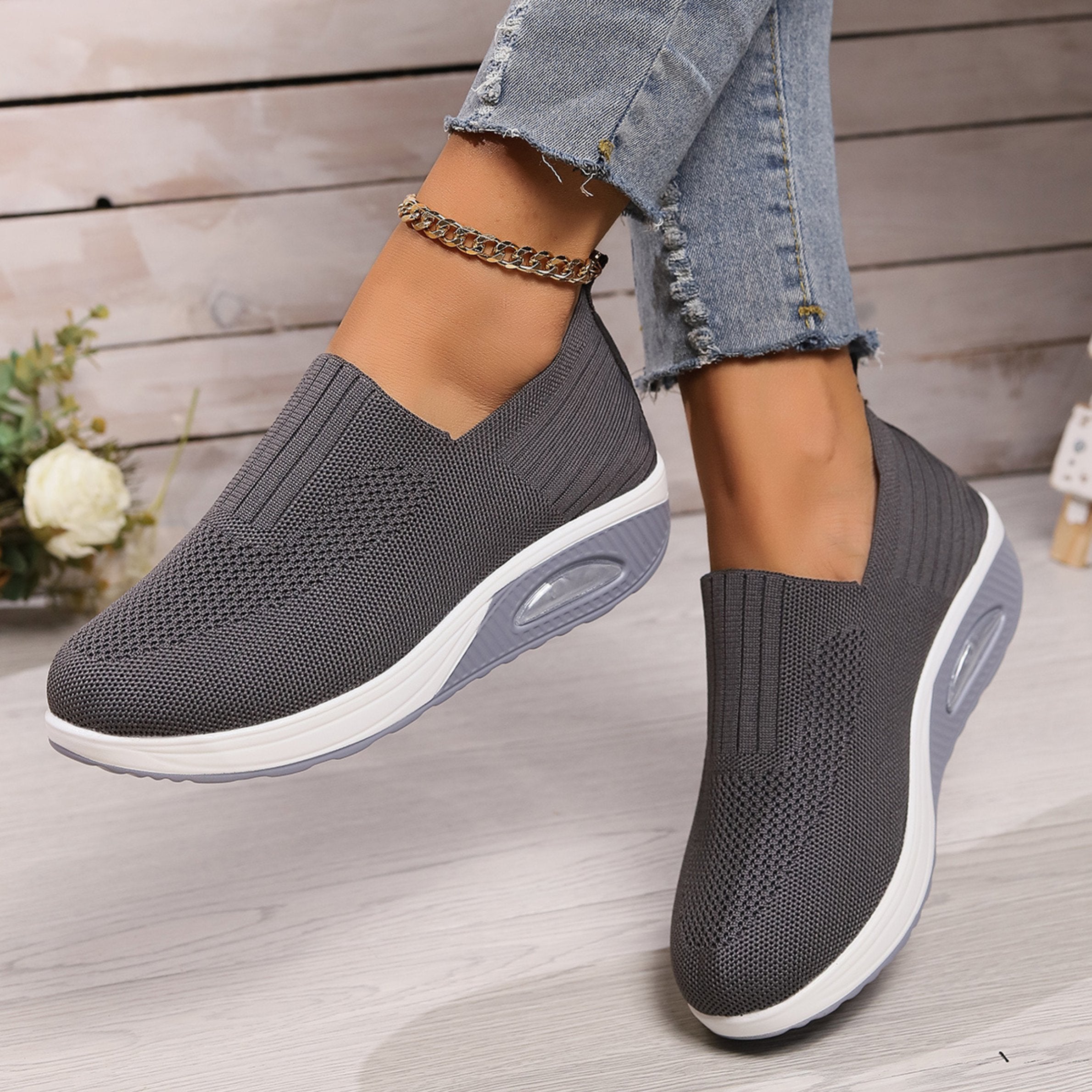 Women's Chunky Knit Platform Slip-On Wedge Trainers - Grey