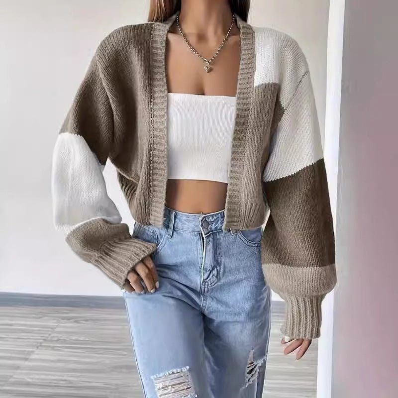 Women's Chunky Oversized Cropped Wool Cardigan - Khaki