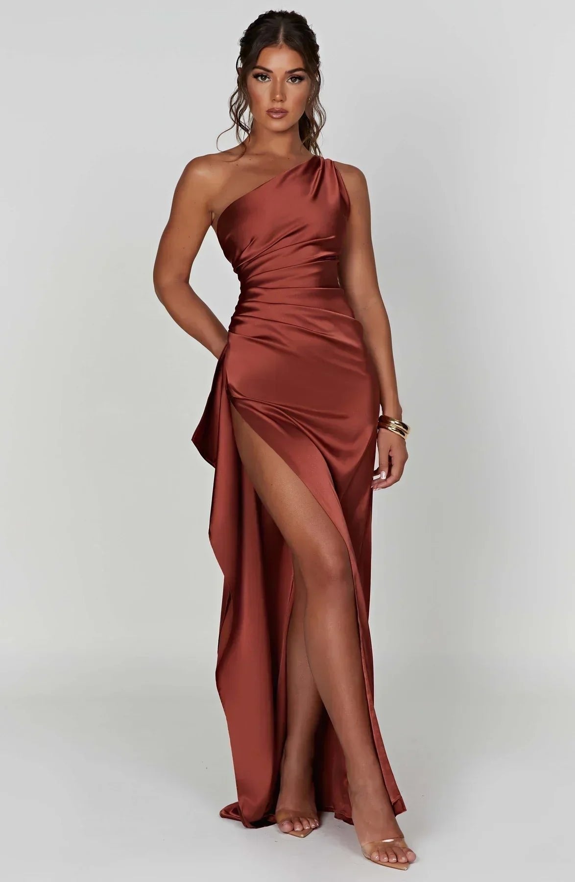 Women's Satin One-Shoulder Bodycon Maxi Party Gown - Rust Brown