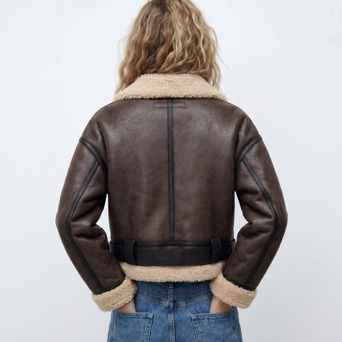 Women's Cropped Faux Leather Aviator Belted Shearling Jacket
