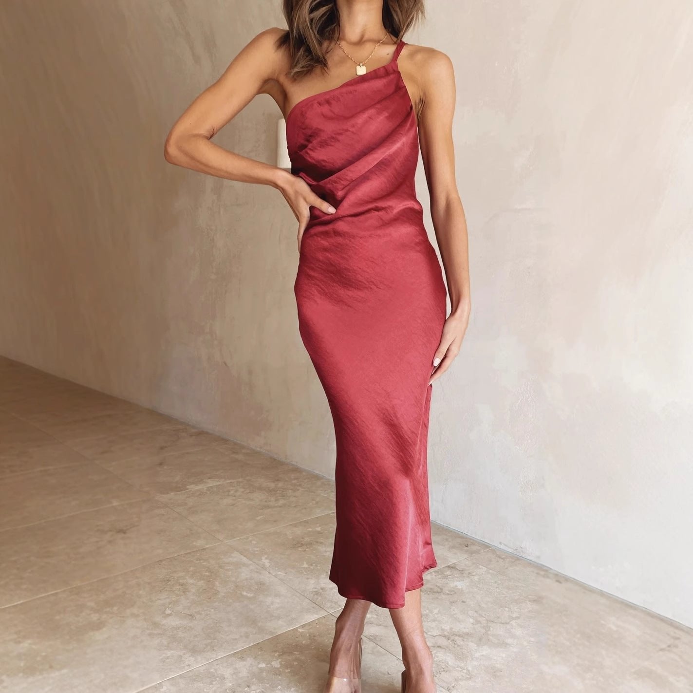 Women's Satin One-Shoulder Bodycon Midi Party Dress