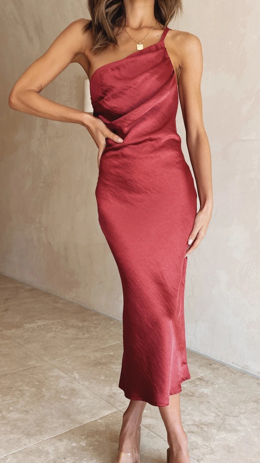 Women's Satin One-Shoulder Bodycon Midi Party Dress - Red