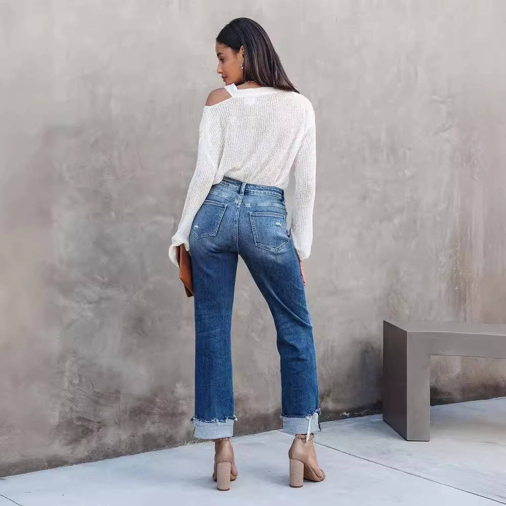 Women's High-Waisted Distressed Straight-Leg Jeans