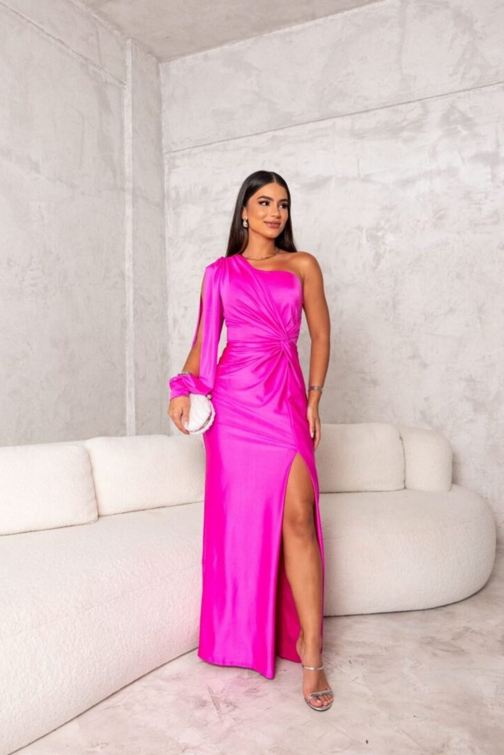 Women's Evening Satin One-Shoulder Maxi Party Gown - Fuchsia