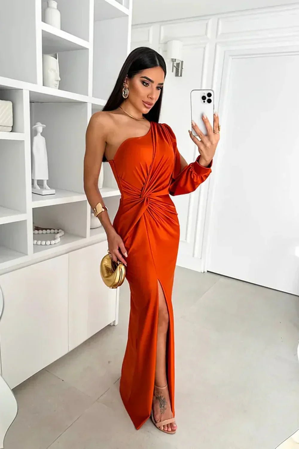 Women's Evening Satin One-Shoulder Maxi Party Gown - Orange