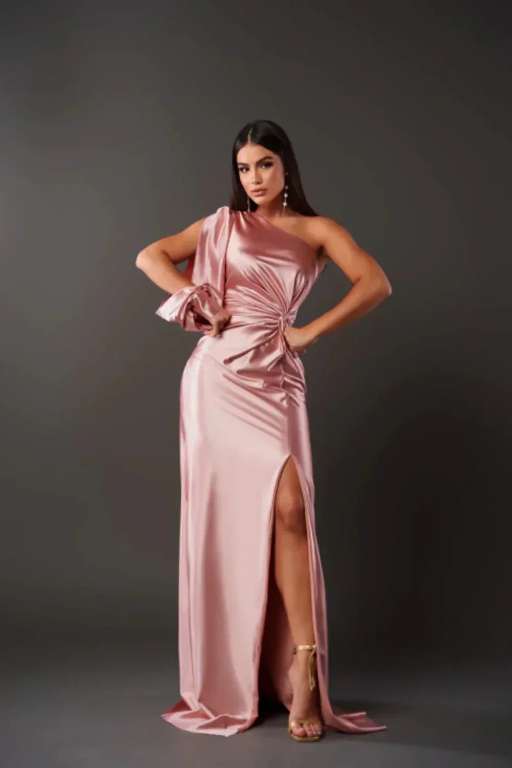 Women's Evening Satin One-Shoulder Maxi Party Gown - Pink