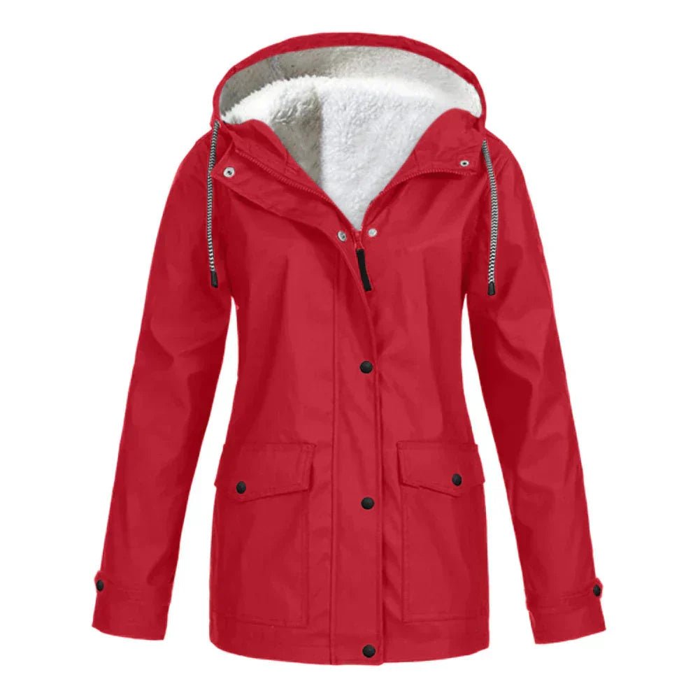 Women's Rain Waterproof Hooded Teddy Jacket - Red