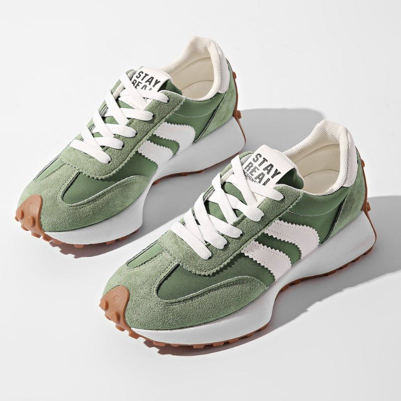 Women's Chunky Striped Platform Lace-Up Suede Trainers - Green