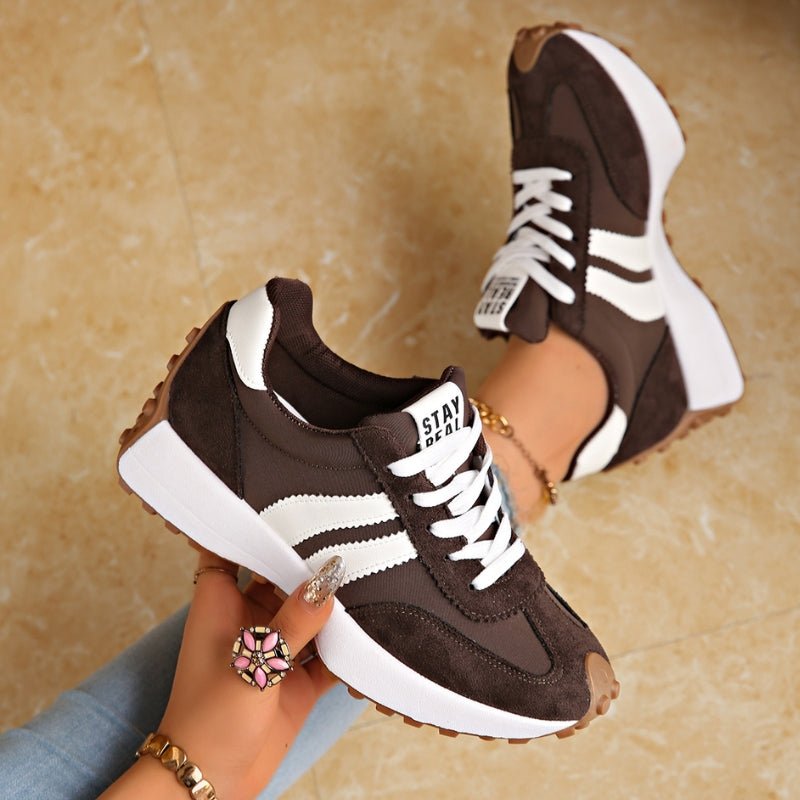 Women's Chunky Striped Platform Lace-Up Suede Trainers - Brown