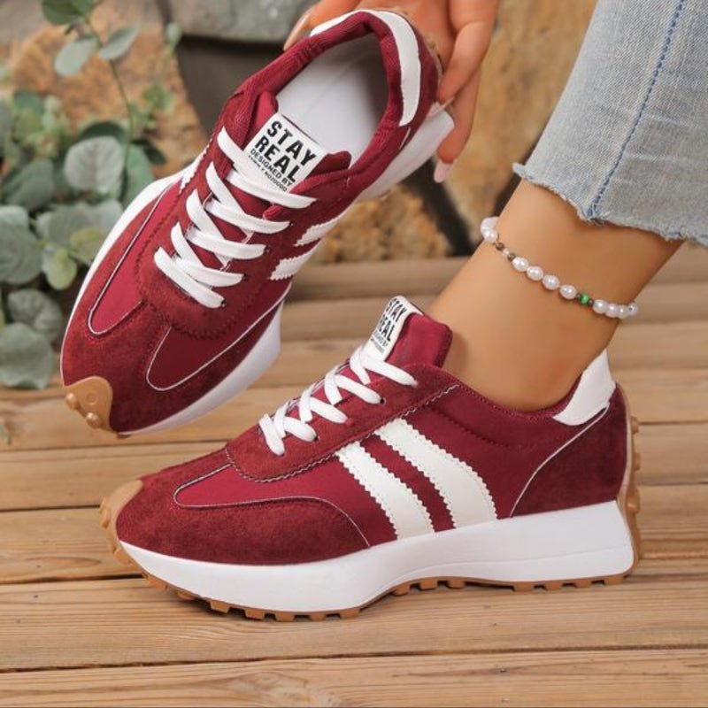 Women's Chunky Striped Platform Lace-Up Suede Trainers - Red