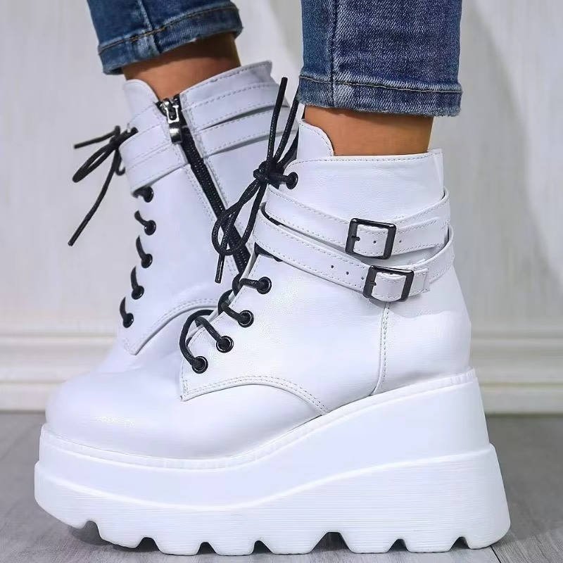 Women's Faux Leather Platform Combat Boots - White