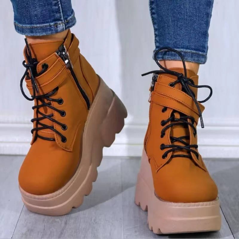 Women's Faux Leather Platform Combat Boots - Brown