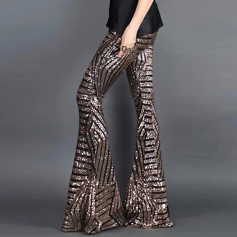Women's High-Waisted Sequin Flare Trousers - Brown