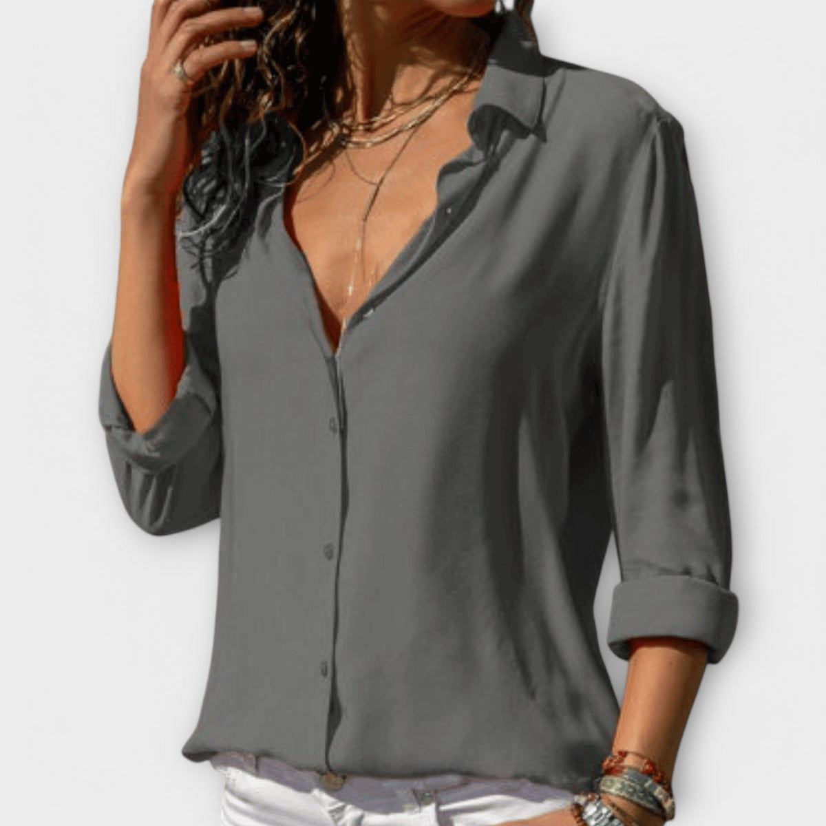 Women's Oversized Chiffon Long Sleeve Blouse - Gray