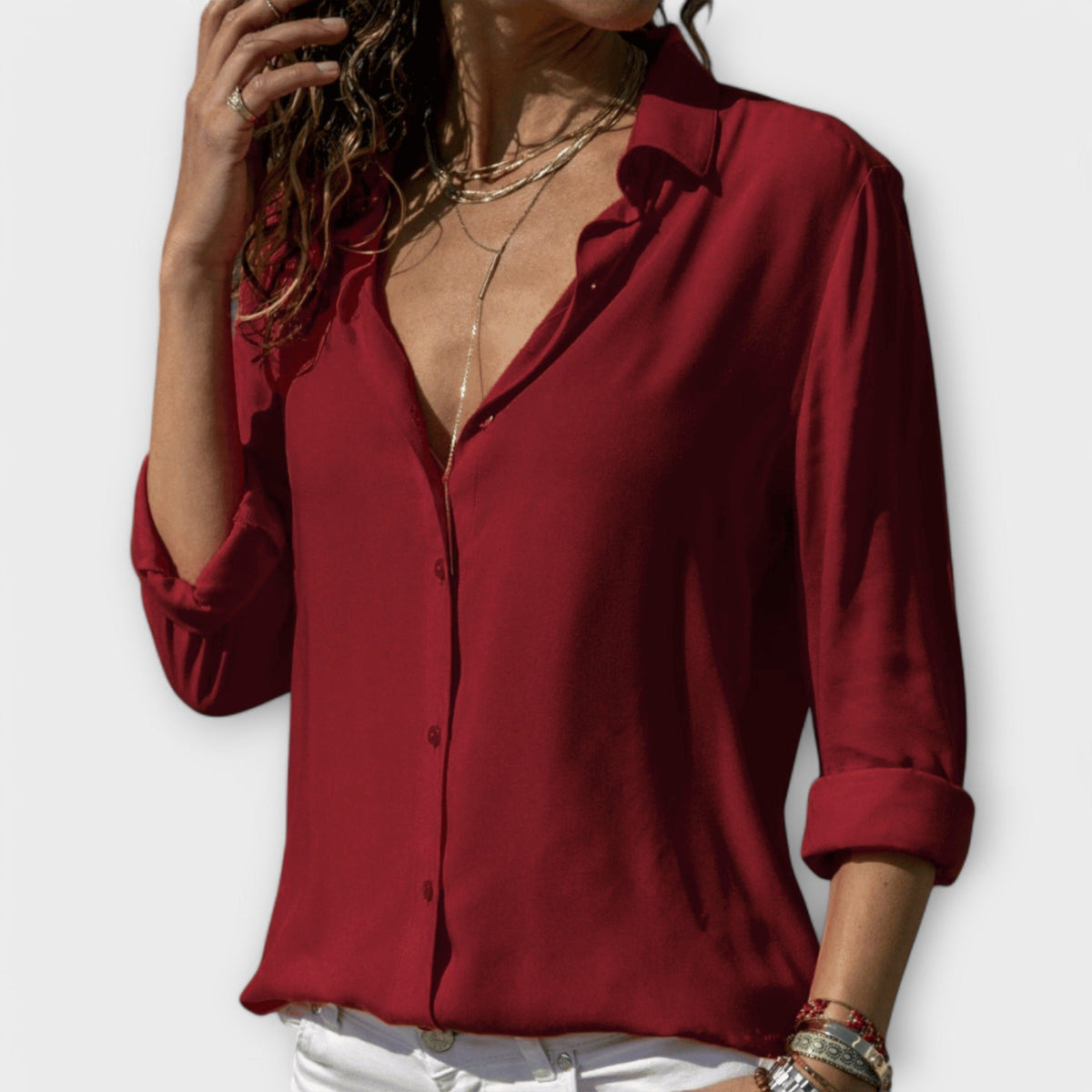 Women's Oversized Chiffon Long Sleeve Blouse - Red
