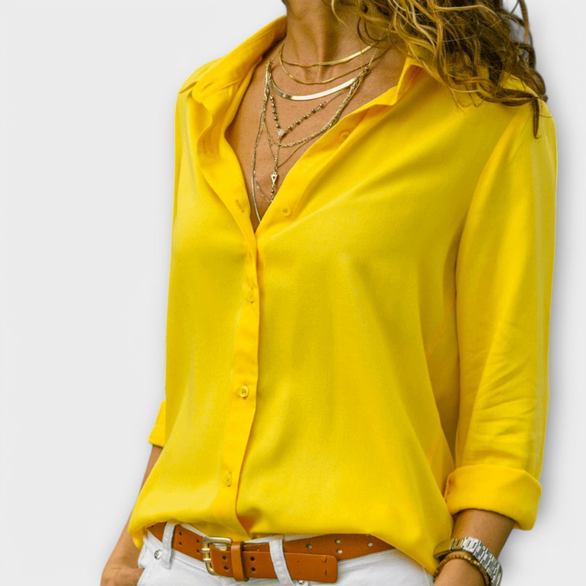 Women's Oversized Chiffon Long Sleeve Blouse - Yellow