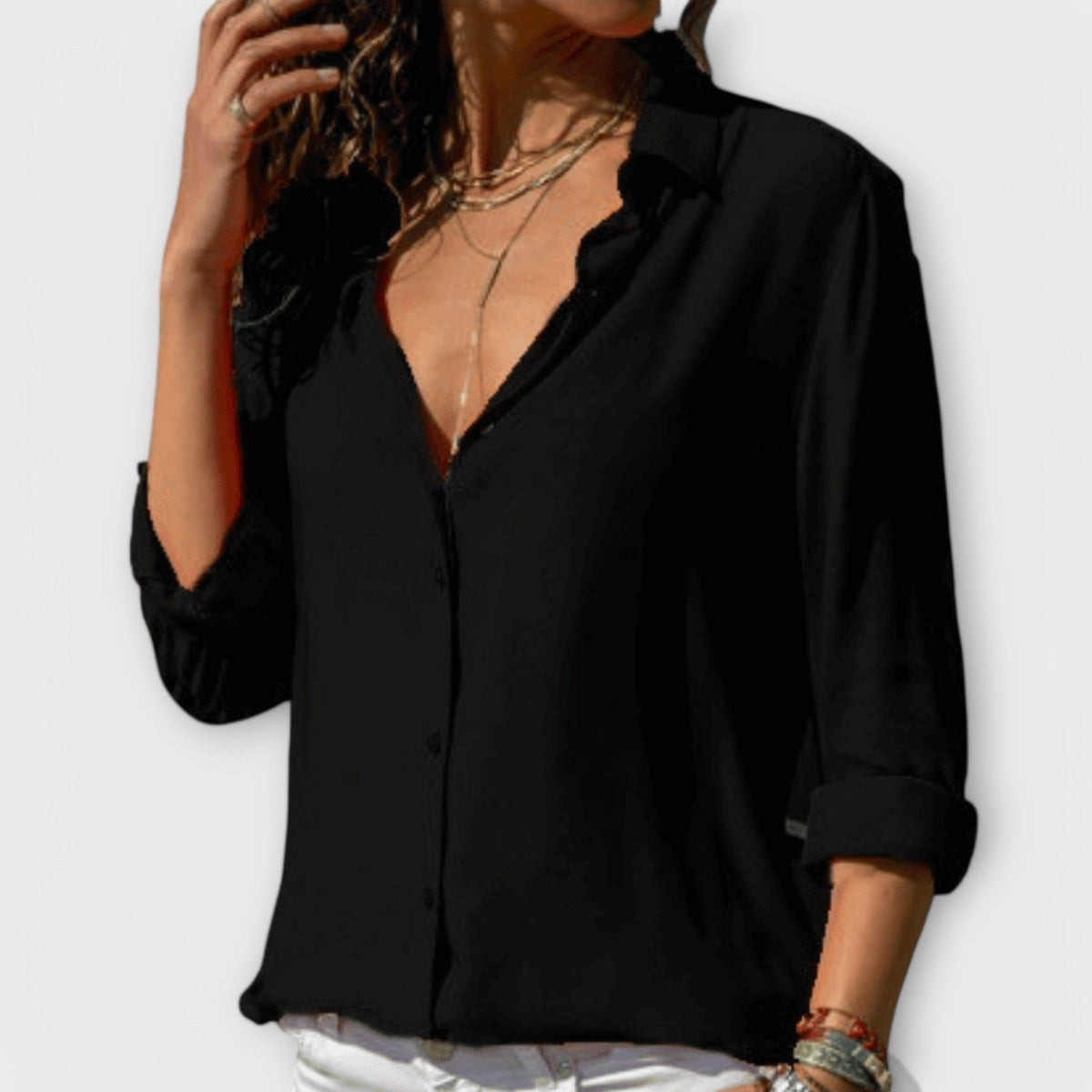 Women's Oversized Chiffon Long Sleeve Blouse - Black