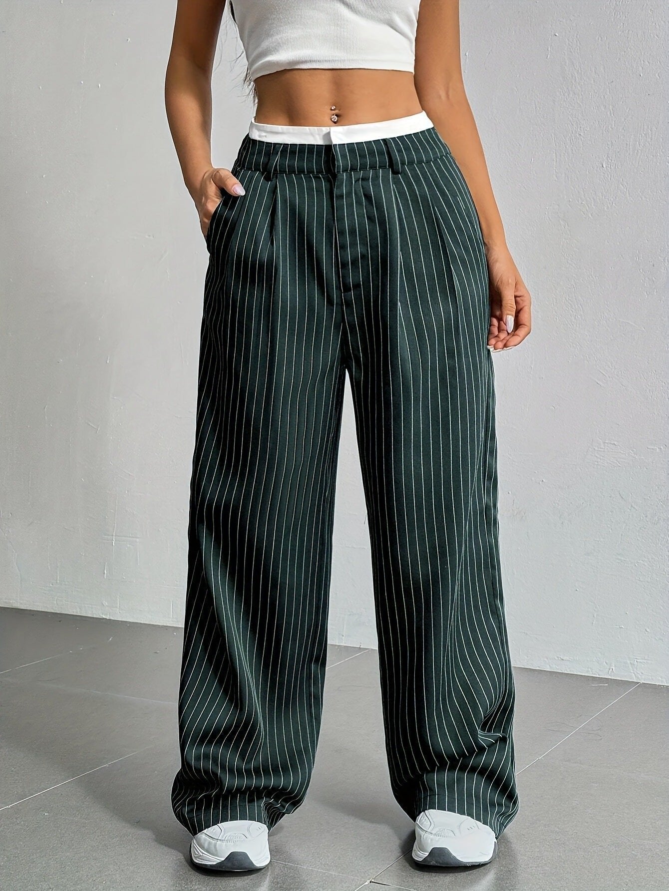 Women's Pinstripe High-Waisted Pleated Wide-Leg Trousers - Dark green