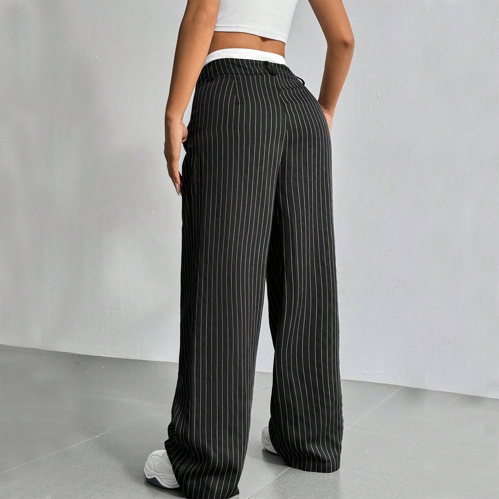 Women's Pinstripe High-Waisted Pleated Wide-Leg Trousers