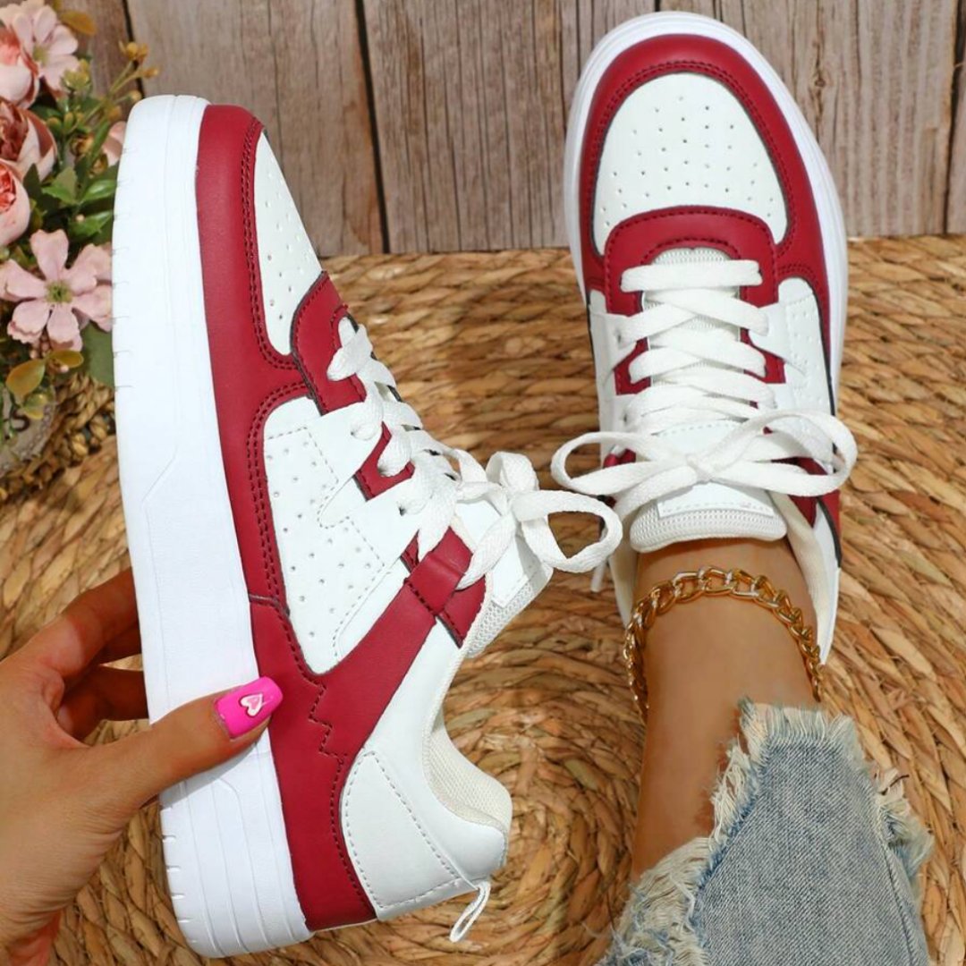Women's Platform Lace-Up Leather Trainers - Red