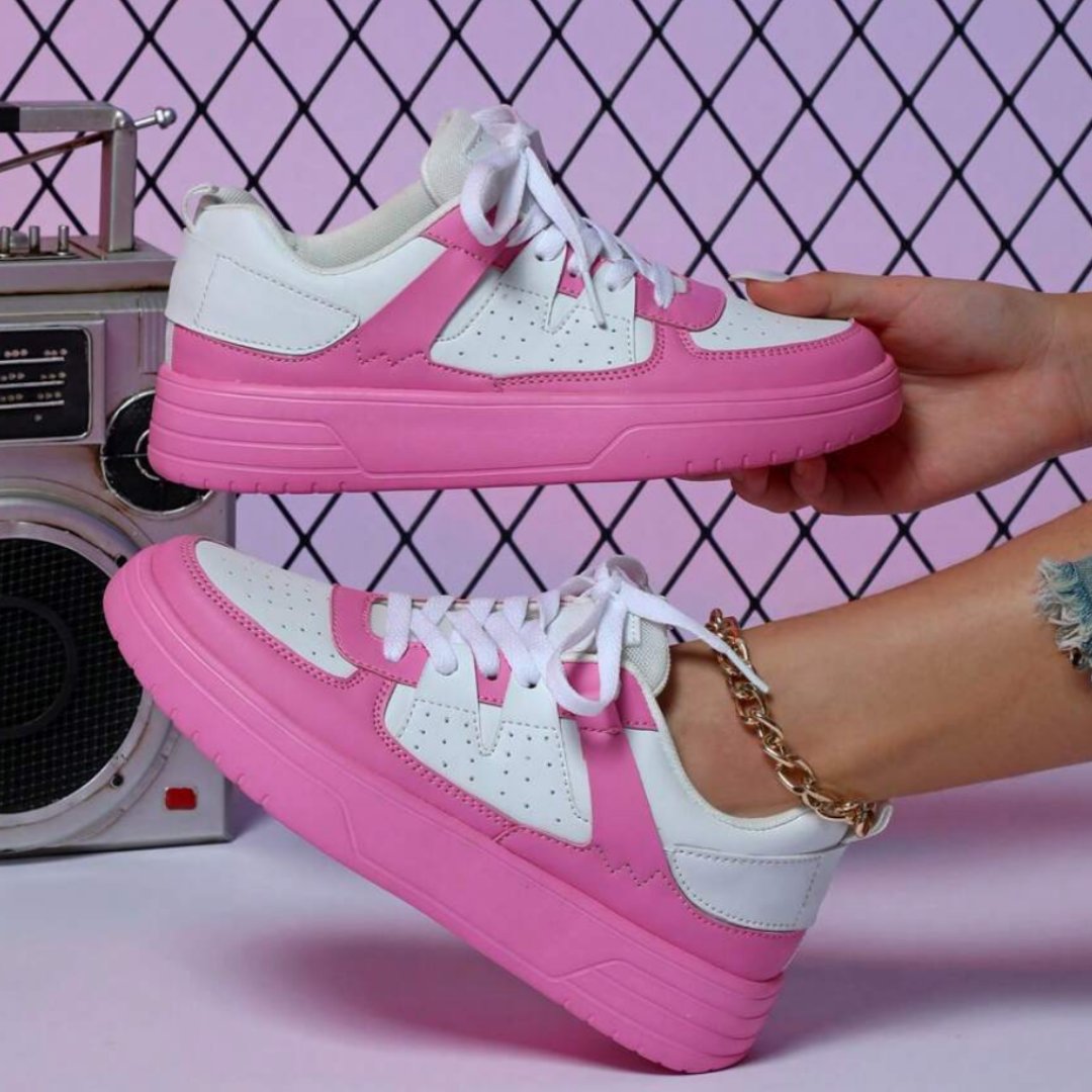 Women's Platform Lace-Up Leather Trainers - Pink